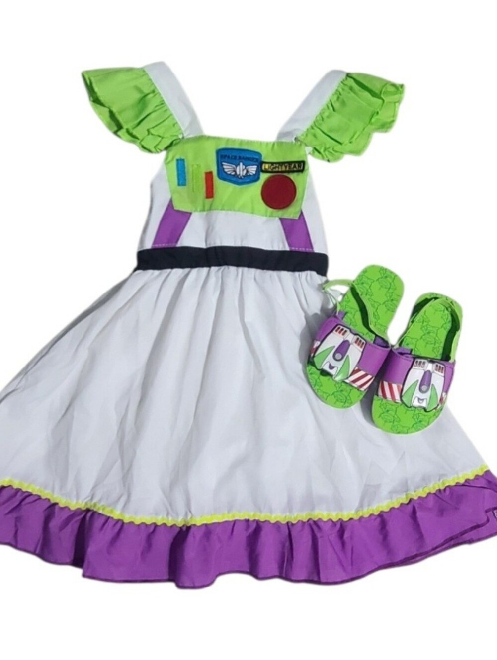 Disney Slide Sandals 7/8, Buzz Space Ranger Twirl Costume Dress 3T Lot